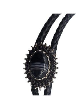 Western Black Stone Bolo Tie Braided Leather Cord Country Cowboy Rockabilly